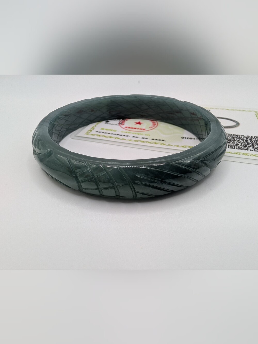 Certified Grade A Jadeite Bangle Hand Carved Dark Green Floral 44.8g NWT